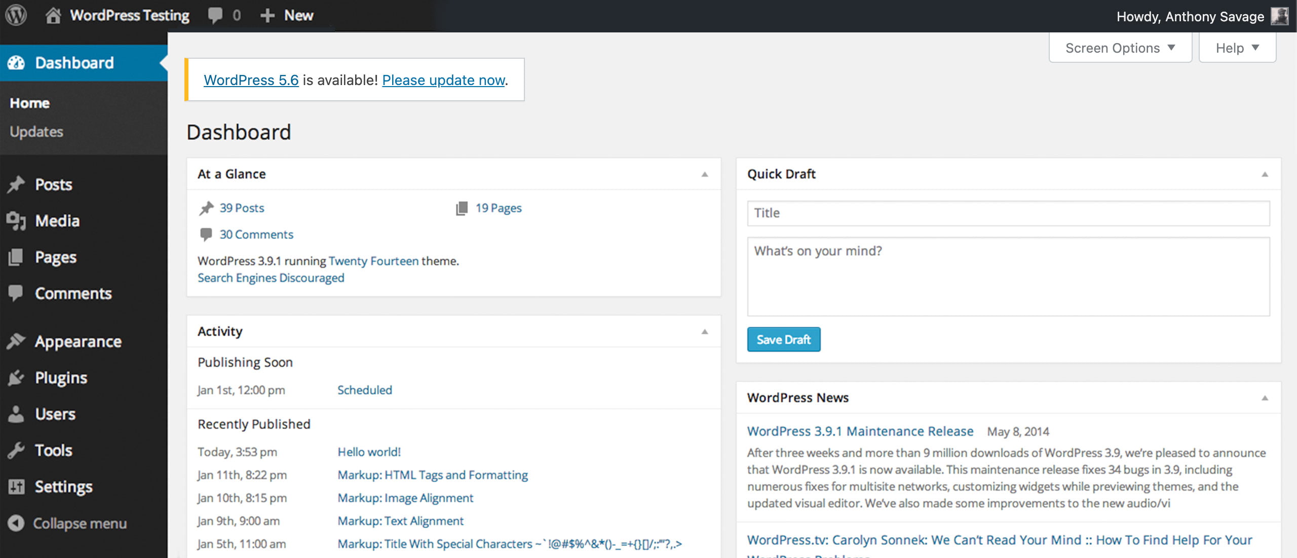 Update WordPress Dashboard View