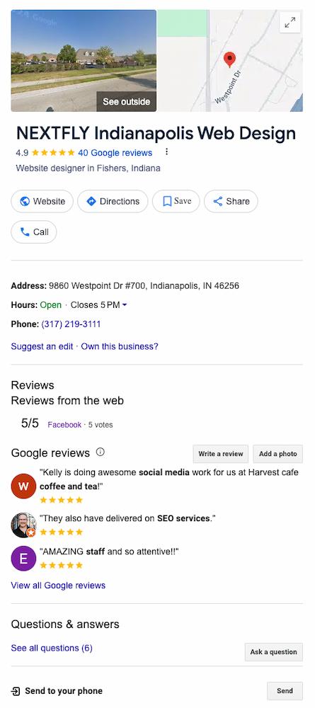 Improve your local SEO with your Google Business Profile image shows NEXTFLY Google Business Profile