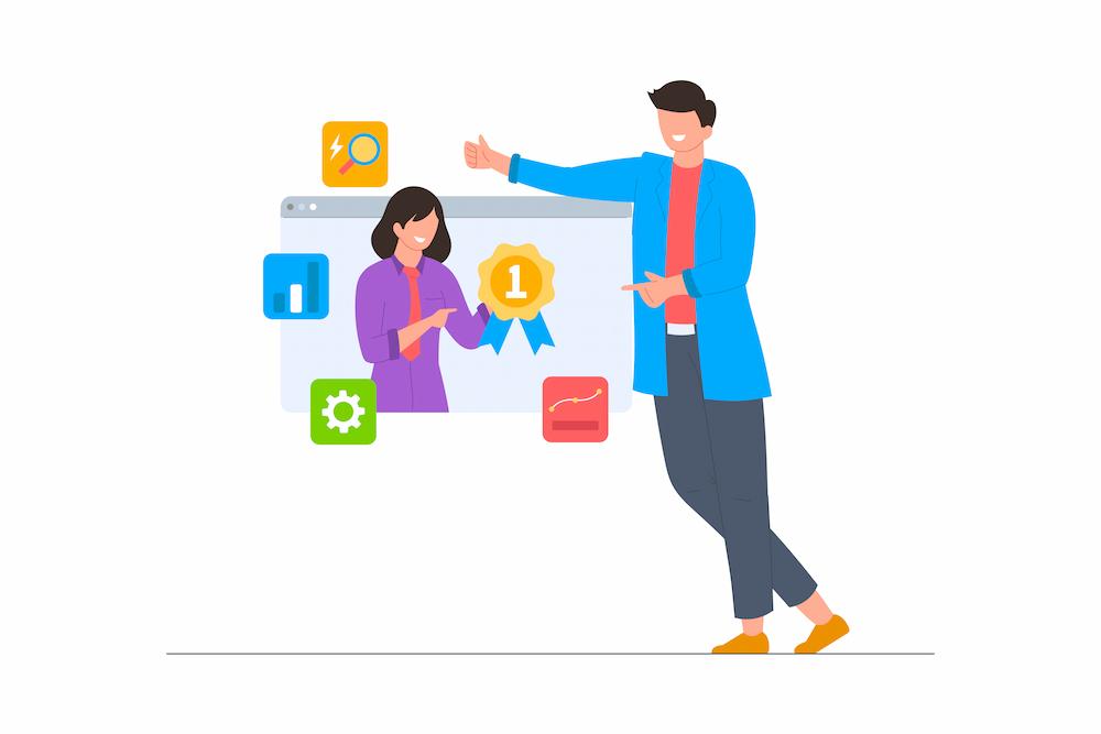 ADA compliance and SEO should both be considered when setting up your website image shows two people discussing website features