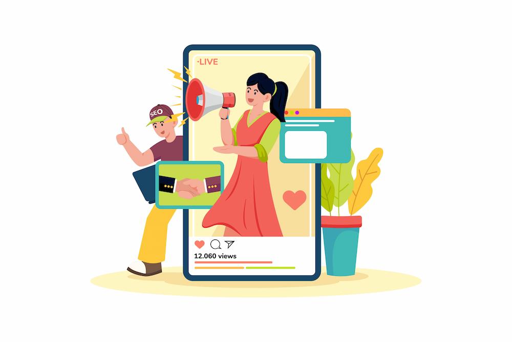 SEO and influencer marketing are some of the best channels to market your business with image shows woman on phone screen with man standing nearby