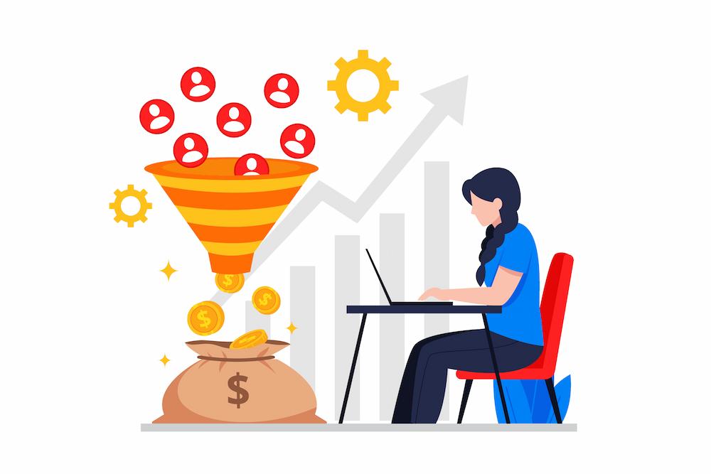 map out your customer's journey with a full-funnel marketing strategy image shows woman working on laptop next to funnel