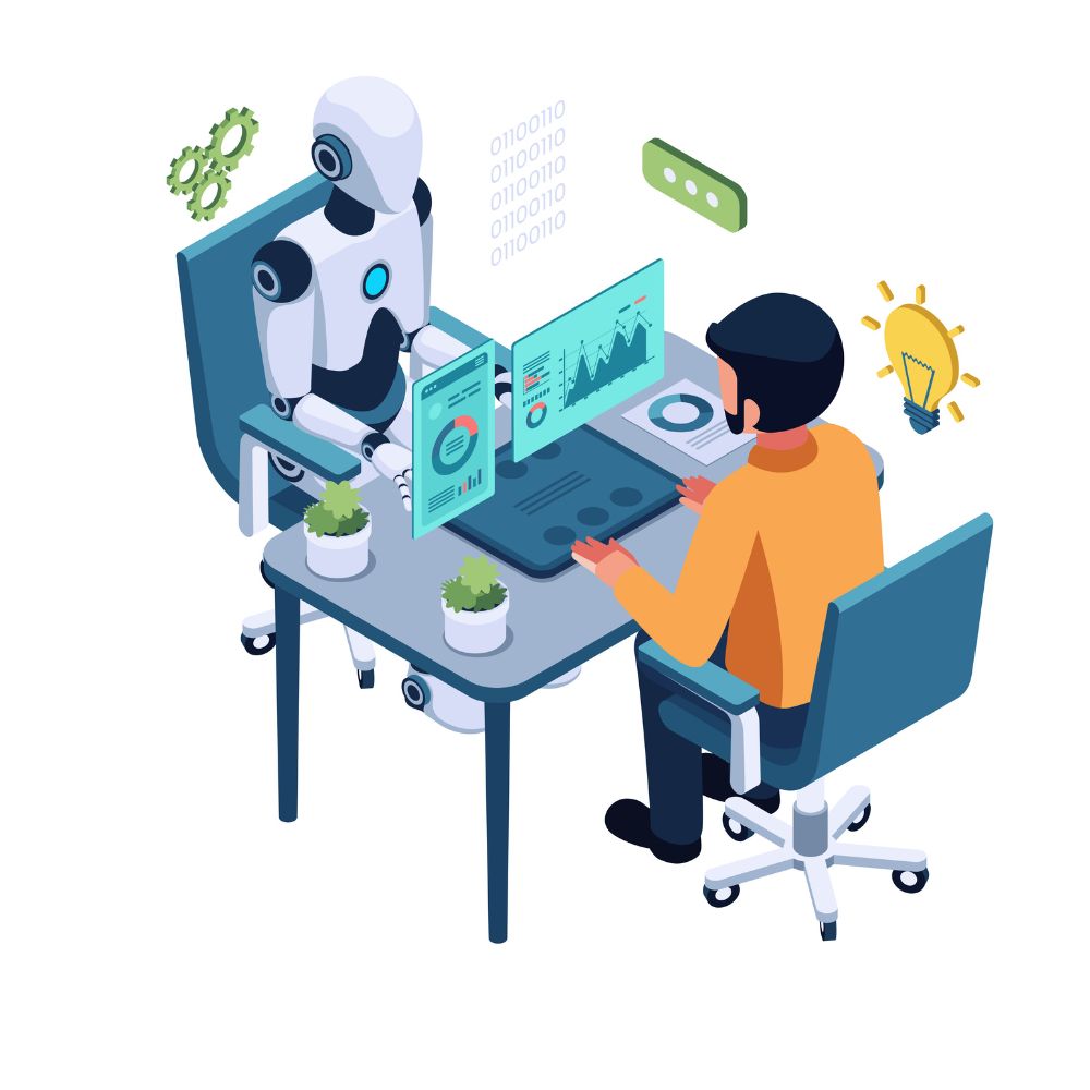 Tackle using AI without losing brand voice with advice from NEXTFLY image shows person and AI at desk