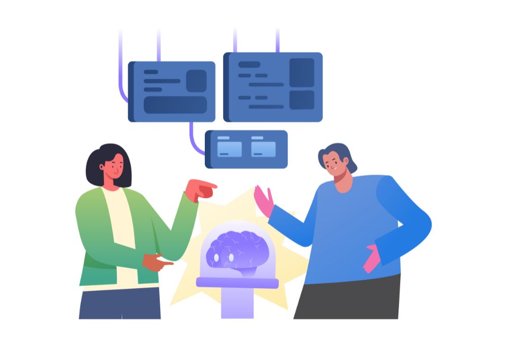 Tackle integrating native AI assistance on your website with help from NEXTFLY image shows two people and AI reviewing content